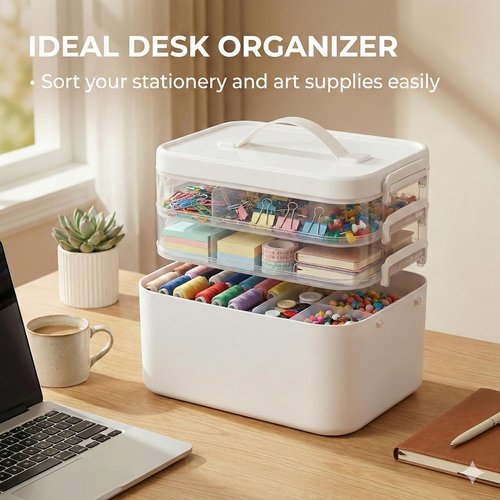 Craft Storage Organizer Box by Stackable | 13.3 QT with Handle & 3 Removable Trays - White
