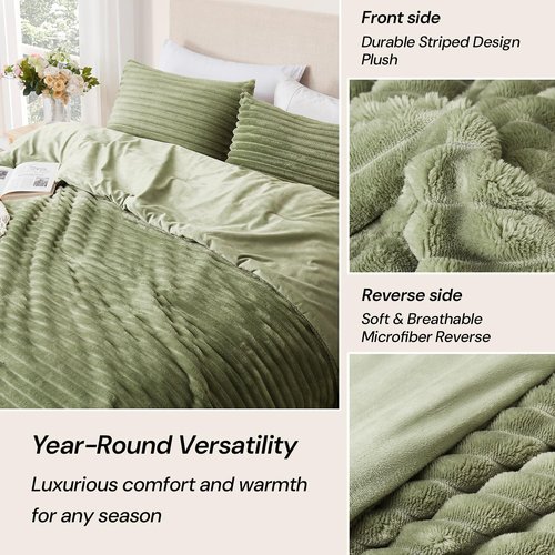Geniospin Fleece King Size Comforter Set, Soft Fuzzy Fleece King Bedding Set, 3-Pieces Green Comforter Set for All Season, Warm Fluffy Comforter with 2 Pillow Cases