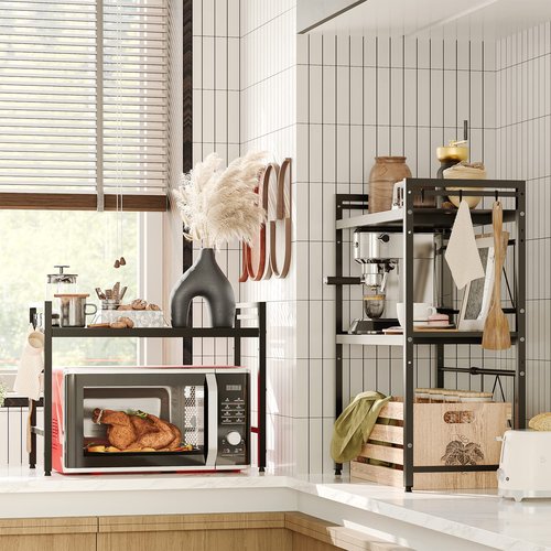 NETEL Expandable Microwave Stand,3 Tier Metal Kitchen Countertop Organizer Shelves with 8 Hooks,Bakers Rack,Microwave Shelf,Microwave Oven Rack,110lbs Weight Capacity