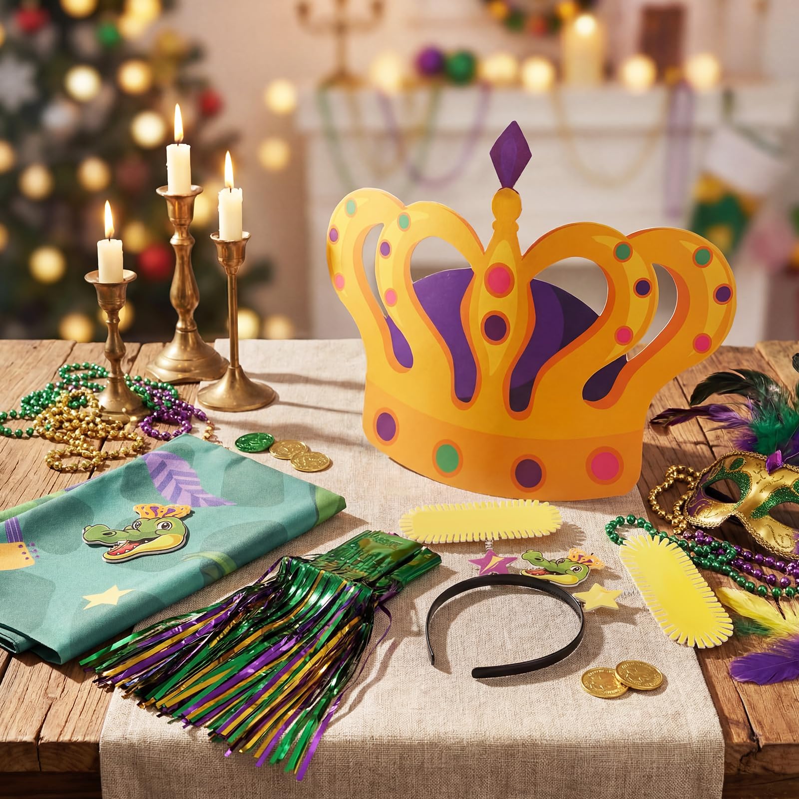 Saypacck 6 Pcs Mardi Gras Wagon Float Decoration Set 1 Crocodile Cloth 1 Crown 1crocodile Head 1beige Cotton Twine Net 1purple Golden Rain Curtain 1felt Hairband for Carnival Float Parade Party Supply