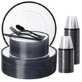 N9R 600PCS Clear and Black Disposable Plates Set, Heavy Duty Plastic Dinnerware Set for 100 Guests Includes 100 Dinner & Dessert Plates, Cups, Spoons, Forks, and Knives, Perfect for Parties, Weddings