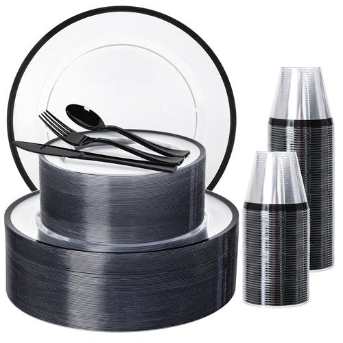 N9R 600PCS Clear and Black Disposable Plates Set, Heavy Duty Plastic Dinnerware Set for 100 Guests Includes 100 Dinner & Dessert Plates, Cups, Spoons, Forks, and Knives, Perfect for Parties, Weddings