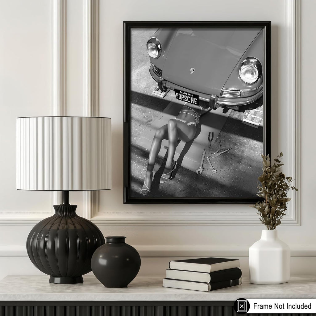 Poster Master | Classic Car Poster - Sexy Mechanic Art Print - Black & White Photography - 8x10 Unframed Decor