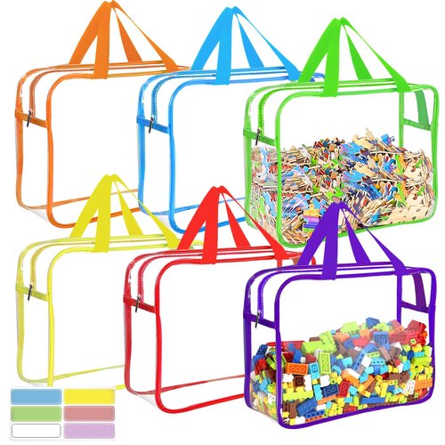 6 Color Large Toy Storage Bags with Labels, Reusable Clear PVC Board Game Storage, Travel Waterproof Organizer Bags with Zipper for Building Blocks, Puzzle, Kids Books