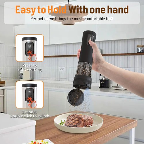 Veiliss 2pcs Electric Salt and Pepper Grinder Set With Battery Display Rechargeable Base, External Adjustable Coarseness, Automatic Ceramic Salt & Pepper Shakers Mills (Black Pro)