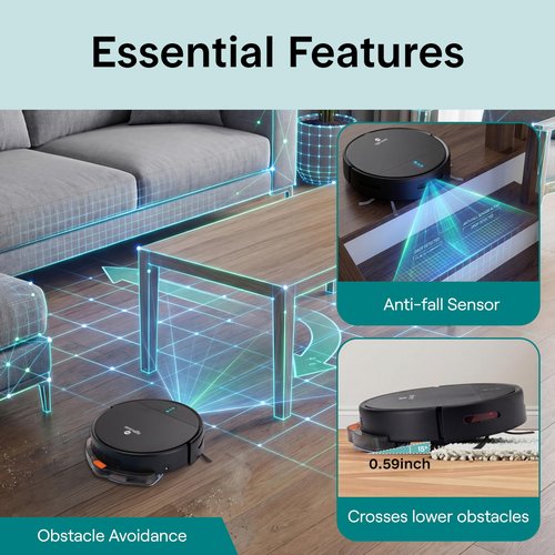 SereneLife Automatic Robot Vacuum Cleaner and Mop Combo, App Control, 3 Cleaning Modes, Smart Anti-Fall Sensors, Self-Charging, High Suction Ideal for Pet Hair, Carpet and Hard Floors, Black