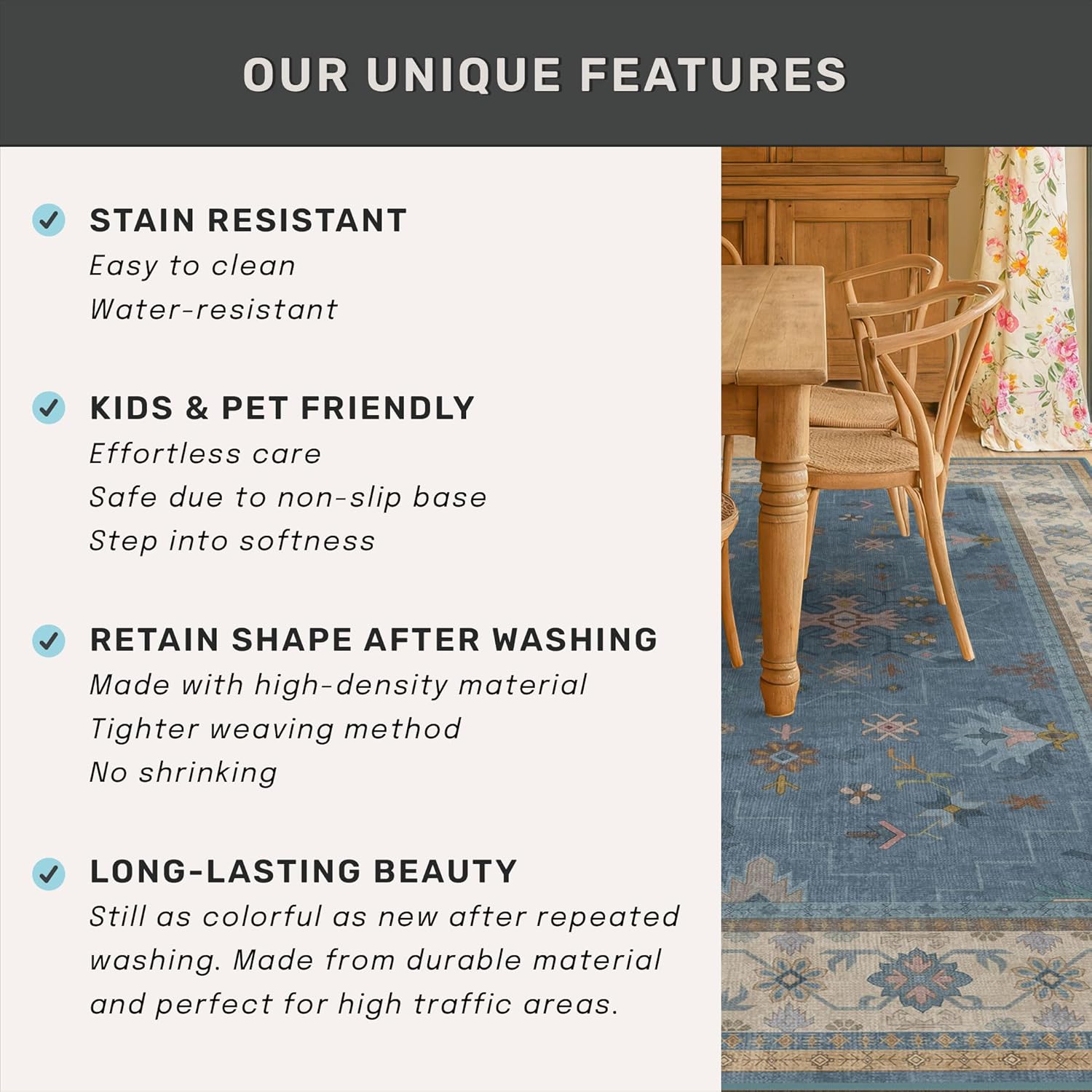 Washable Blue Rugs - 3x4 Indoor Throw Rug for Kitchen, Bedroom, Bathroom | Non-Slip, Fade-Resistant Design