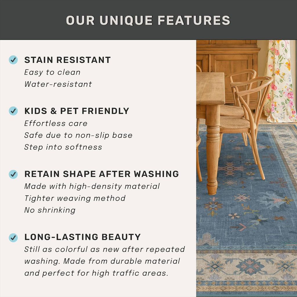 Skiennix Washable 5x7 Blue Kids Room Rug - Colorful Boho Low-Pile Carpet with Non-Slip Back