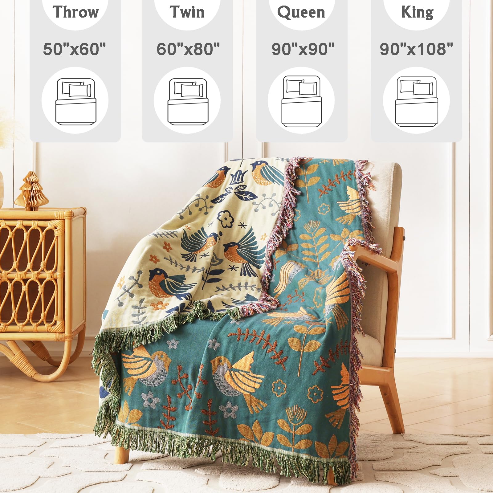 Vksucss Throw Blanket for Couch Bed Cozy Cotton Blankets Twin,Soft Gauze Boho Throw Blanket Birds and Floral Doubel Side Embroidery,60"x80" Comfy Muslin Bed Blankets
