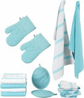 Lane Linen 16-Piece Kitchen Towel Set | Heat Resistant Oven Mitts & Pot Holders, Absorbent Aqua Dish Cloths