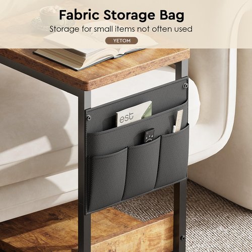 YeTom Side Table,C Table with 2-Tier Storage Shelf, End Table with a Storage Bag, Sofa Table with Wheels for Living Room, Bedroom, Office, Bathroom, Rustic Brown