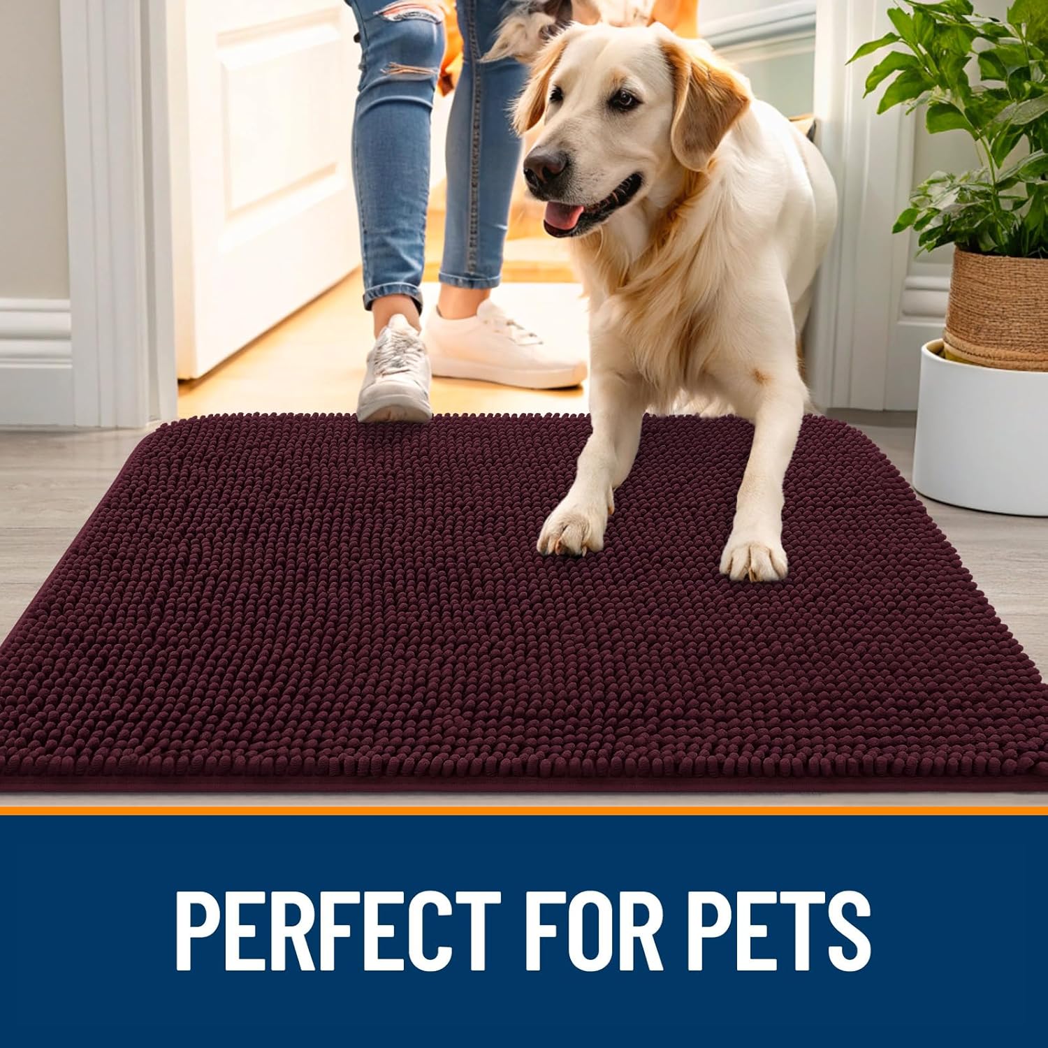 OLANLY Dog Door Mat - Absorbent Non-Slip Mud Mat for Indoor Use | 59x32, Quick Dry Chenille, Russet