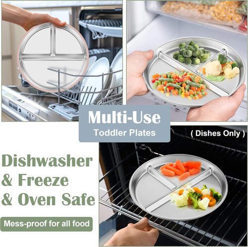 E-far Stainless Steel Toddler Plates - 9" Unbreakable Non-Slip Baby Dishes, 4-Pack with Suction & Silicone Sleeves