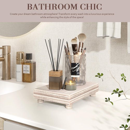 EOSAHR Decorative Tray Wood Pedestal Stand – Farmhouse Wooden Tray for Soap Holder & Bathroom Accessories - Kitchen Essentials & Bathroom Organizer for Home Decor (Natural Wood)