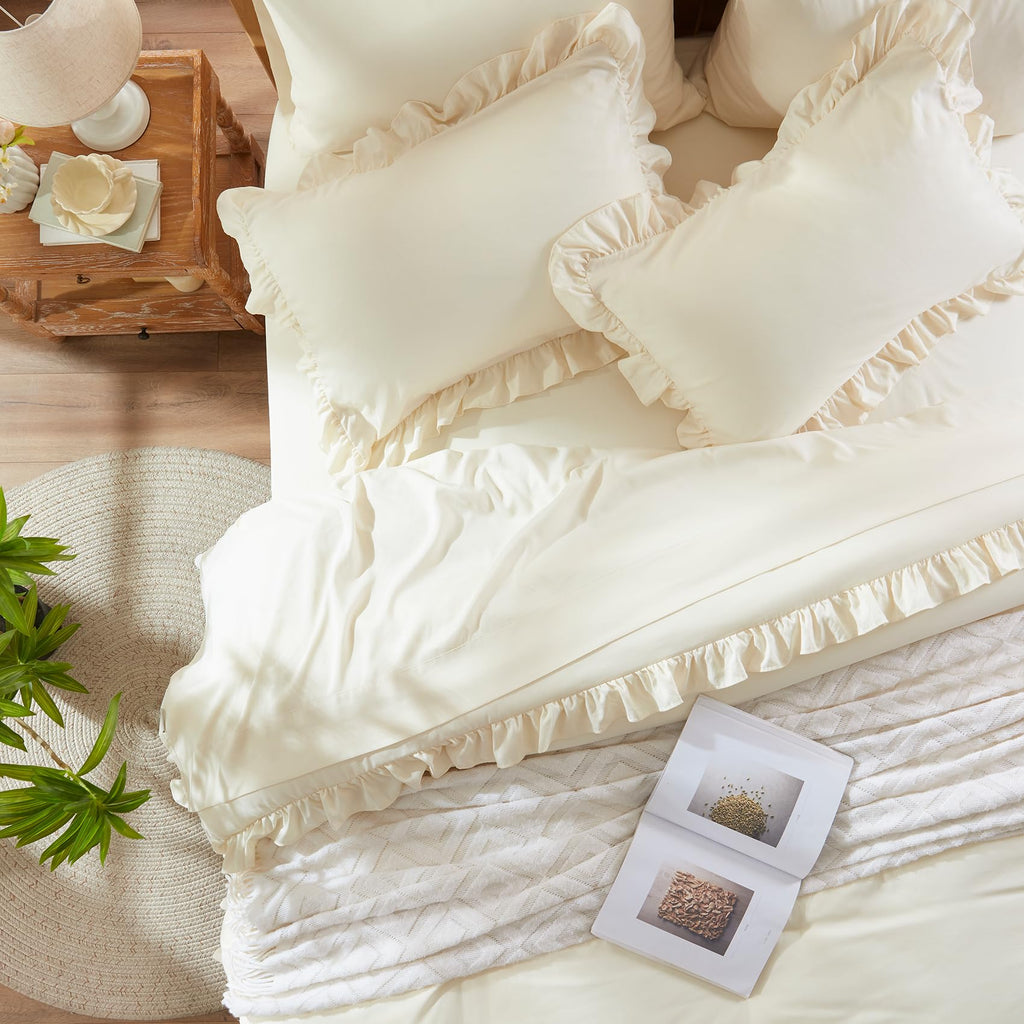 Anluoer King Comforter Set 7 Piece, Cream Bed in a Bag with Sheets, All Season Ruffle Shabby Chic Bedding Sets with 1 Comforter, 2 Pillow Shams, 2 Pillowcases, 1 Flat Sheet, 1 Fitted Sheet