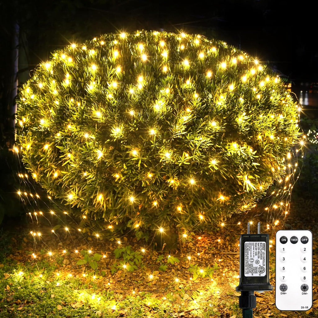 Suddus 360 LED Christmas Net Lights - Waterproof Connectable Green Wire | 12ft x 5ft Warm White Bush Lights