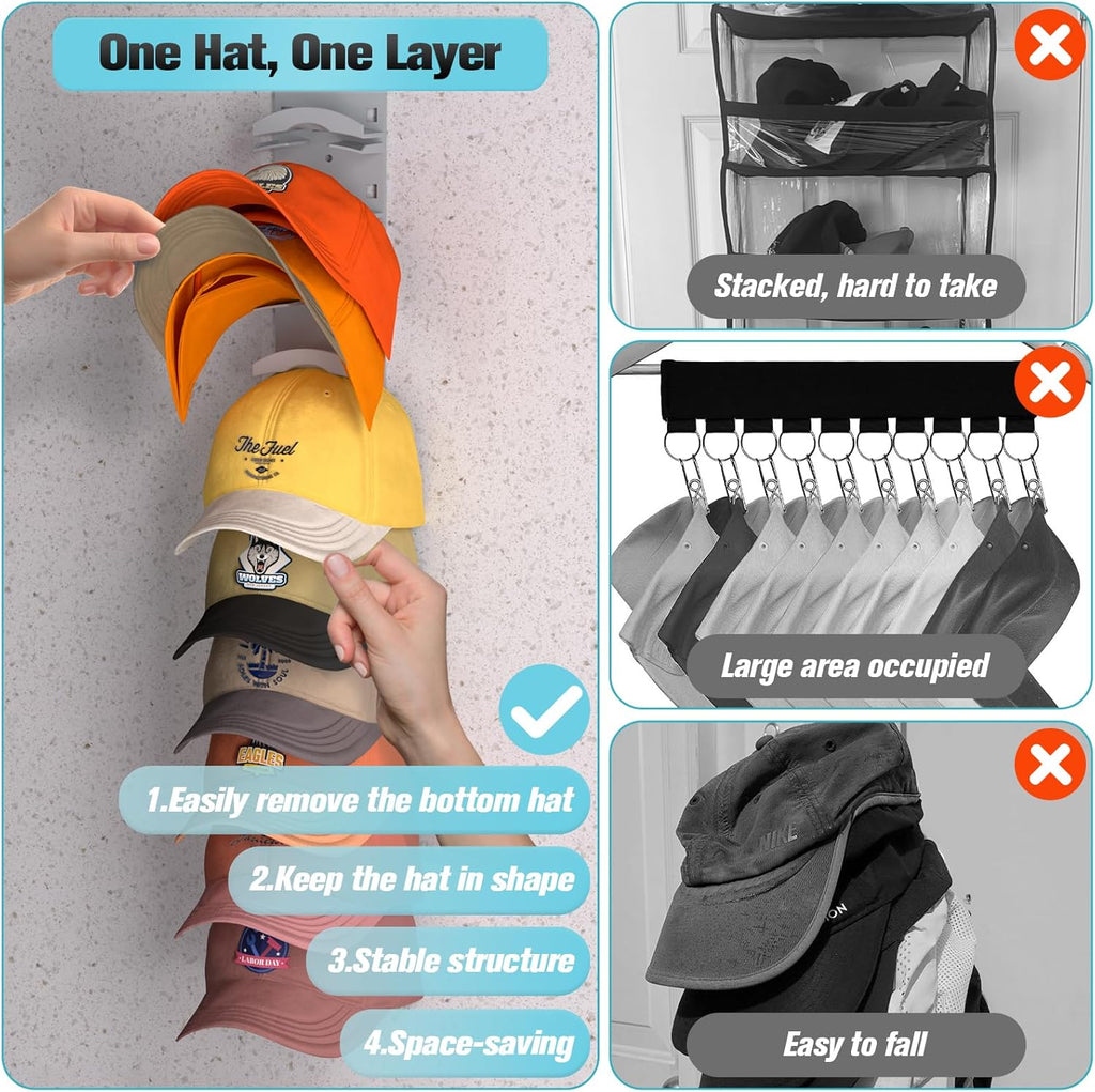 Skiennix Hat Organizer - Wall-Mounted Rack for 20 Baseball Caps | Strong Adhesive & Multi-Use Design (Grey)
