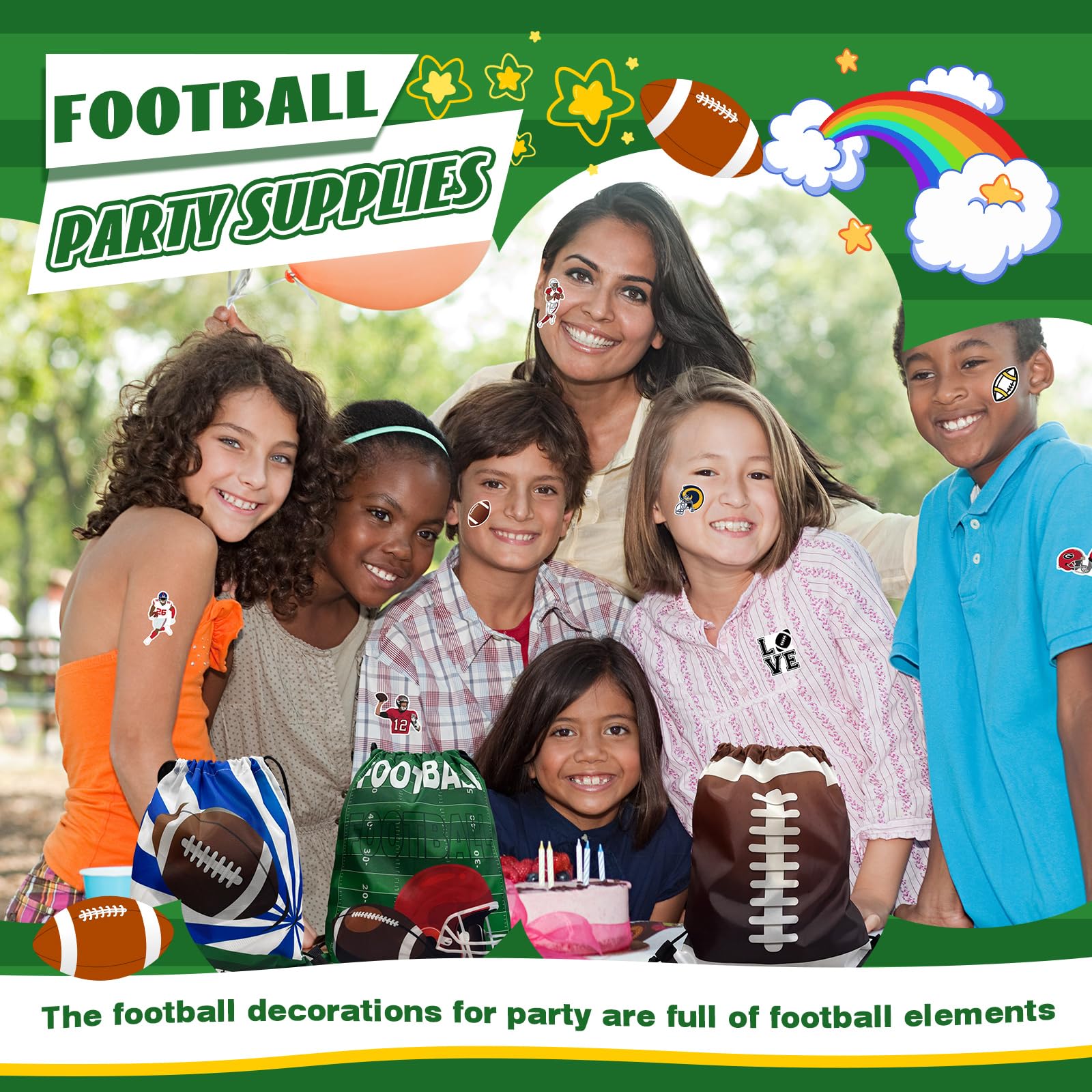 Yeepestmi 110Pcs Football Party Favors Drawstring Bags Football Goodie Bag with Mini Ball, Wristband, Slap bracelets, Keychains, Stickers for Football Party Supplies