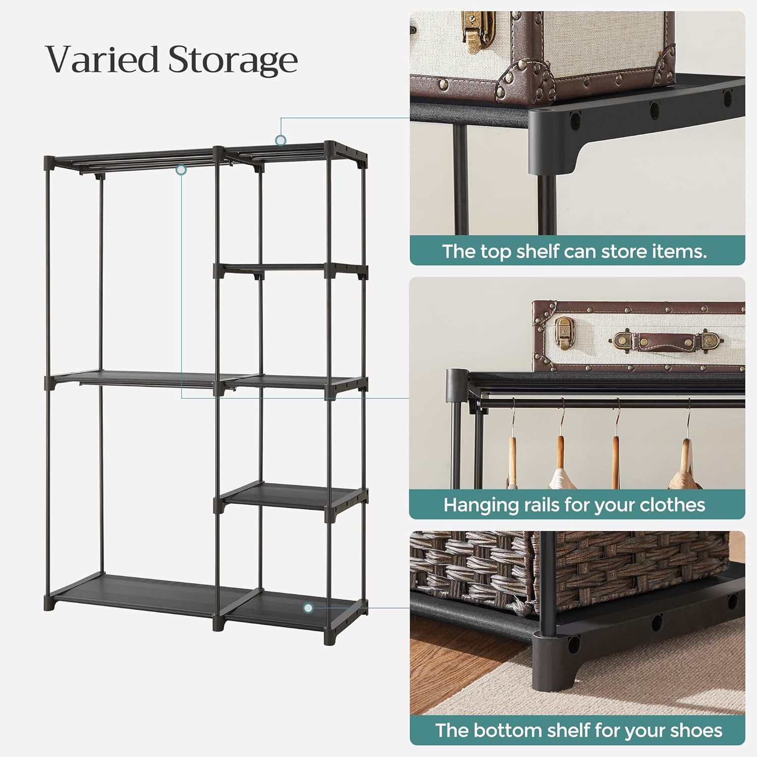 SONGMICS Portable Closet - Freestanding Clothes Organizer with Shelves & Hanging Rods | Black, 44.1 x 16.9 x 65 Inches