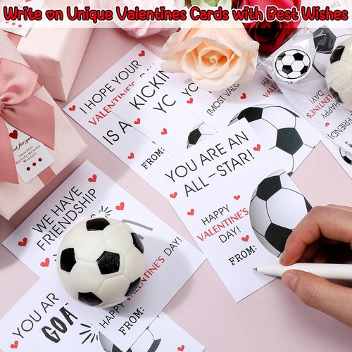Soulchen 24 Pack Soccer Valentines Day Cards Gifts with Mini Soccer Ball and Stickers for Classroom Valentines Exchange Cards Party Favor Prizes Stress Gifts Set