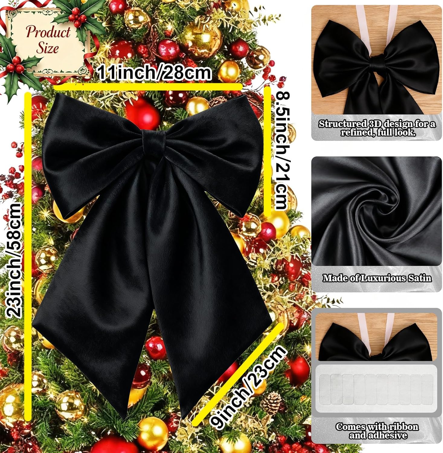 Black Bows Decor | 22x11 Inch Big Black Bows for Christmas Tree Topper & Weddings (3 Pack)