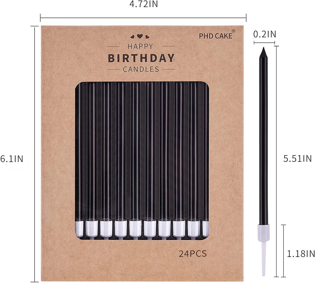 PHD CAKE Black Long Thin Birthday Candles - Perfect for Weddings & Parties | 24 Pack