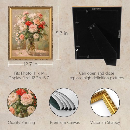 MIEVU Gold Vintage Framed Wall Art - Floral Canvas Prints for Living Room & Bedroom Decor | 11x14in