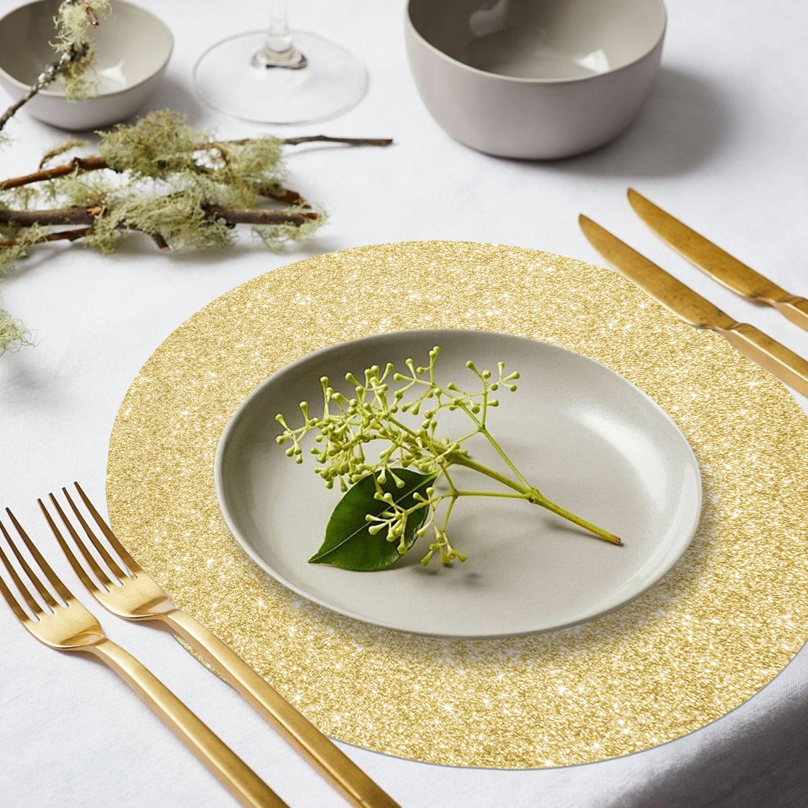 SMUAENSS 100 PCS Rose Gold Paper Placemats Disposable, 13.5" Round Disposable Table Mats, Rose Golden Shiny Table Mats for Birthday Wedding Holiday Party Home Dining Tableware