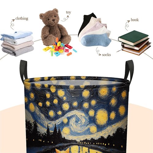 Starry Night Cat Laundry Basket, Large Foldable Clothes Bag Collapsible Storage Bin Basket For Nursery,Office,Toy Organizer,Home,Decor - 19.7 Inch X 15.7 Inch