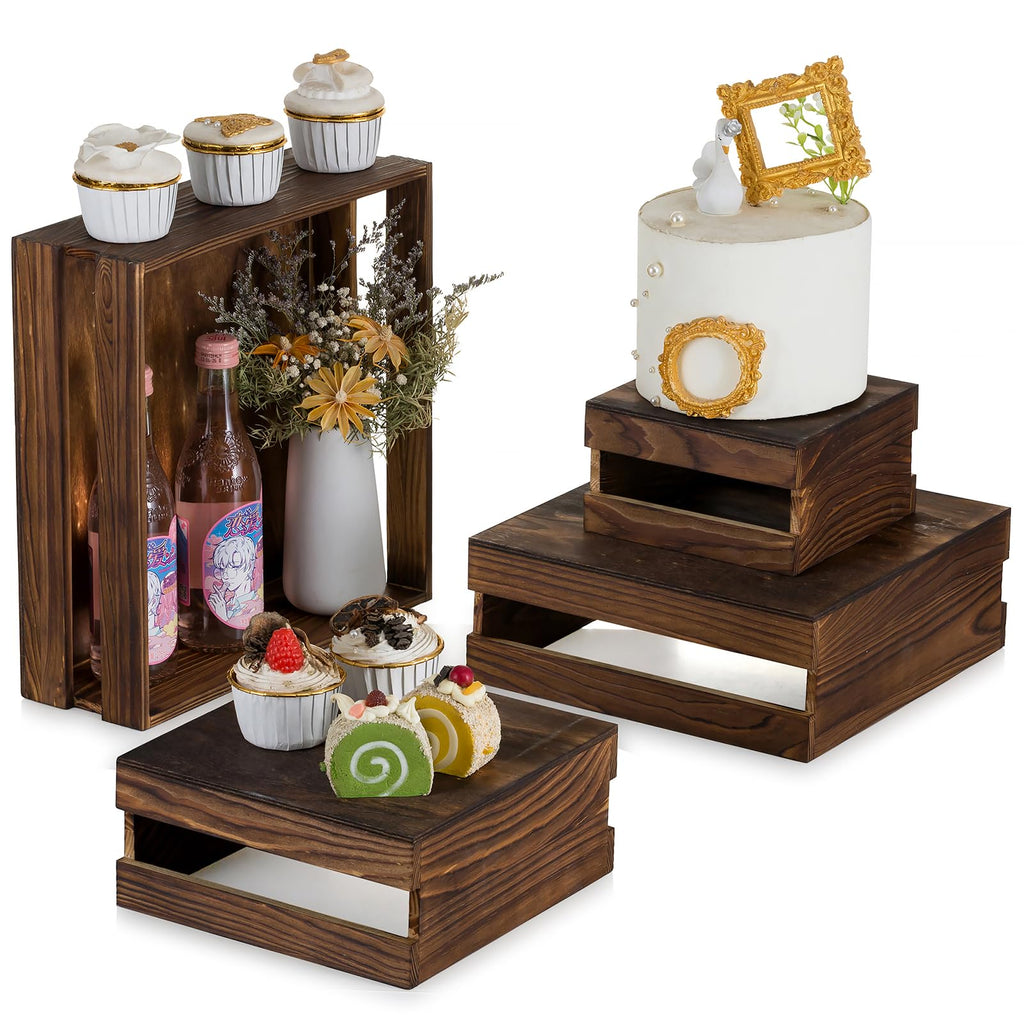 NUPTIO Wooden Display Risers Halloween: Set of 4 Square Burnt Wood Crates Stands Dessert Holder Nesting Brown Cupcake Stand for Baby Shower Wedding Table Centerpieces Farmhouse Decoration