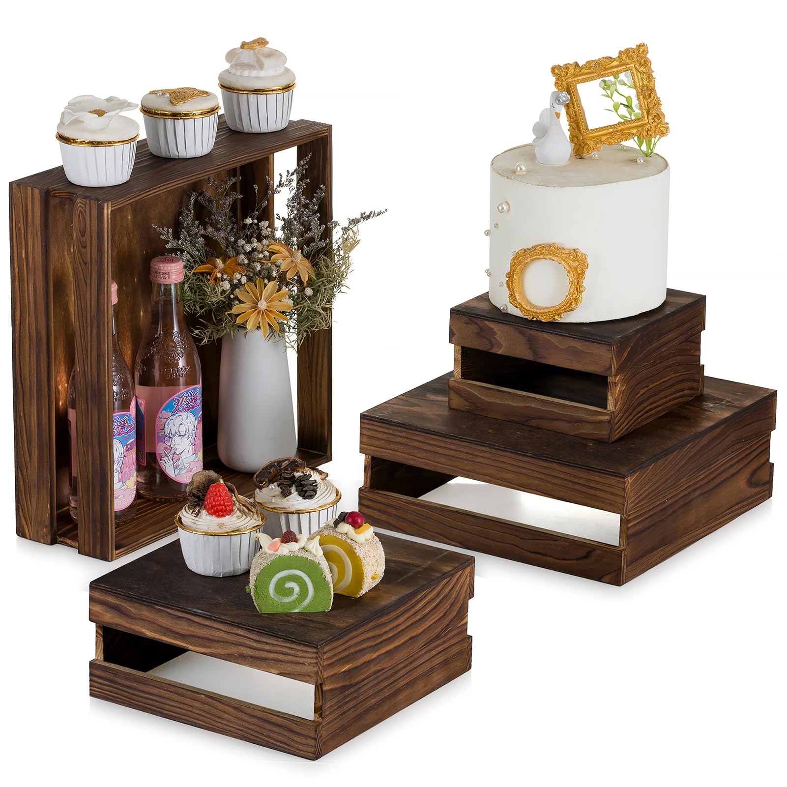 NUPTIO Wooden Display Risers Halloween: Set of 4 Square Burnt Wood Crates Stands Dessert Holder Nesting Brown Cupcake Stand for Baby Shower Wedding Table Centerpieces Farmhouse Decoration