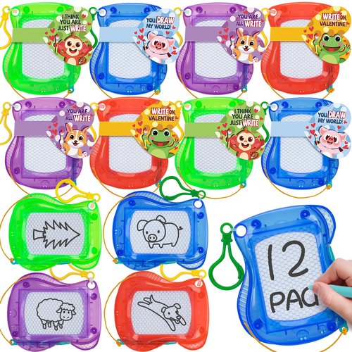 Valentines Day Cards for Kids School, 12 Pack Magnetic Drawing Board with Valentine Card, Valentine Day Party Favors for Boys Girls, Ideal Exchange Cards for Classroom