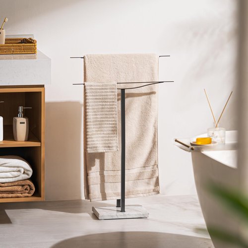 Bathroom Towel Rack Freestanding Floor Stand: Black 33in 2‑Bar Weighted Marble Base Towel Holder, Rustproof 304 Stainless Steel Drying Rack for Bath&Hand Towels, No‑Drill Slim Organizer, Spa Pool