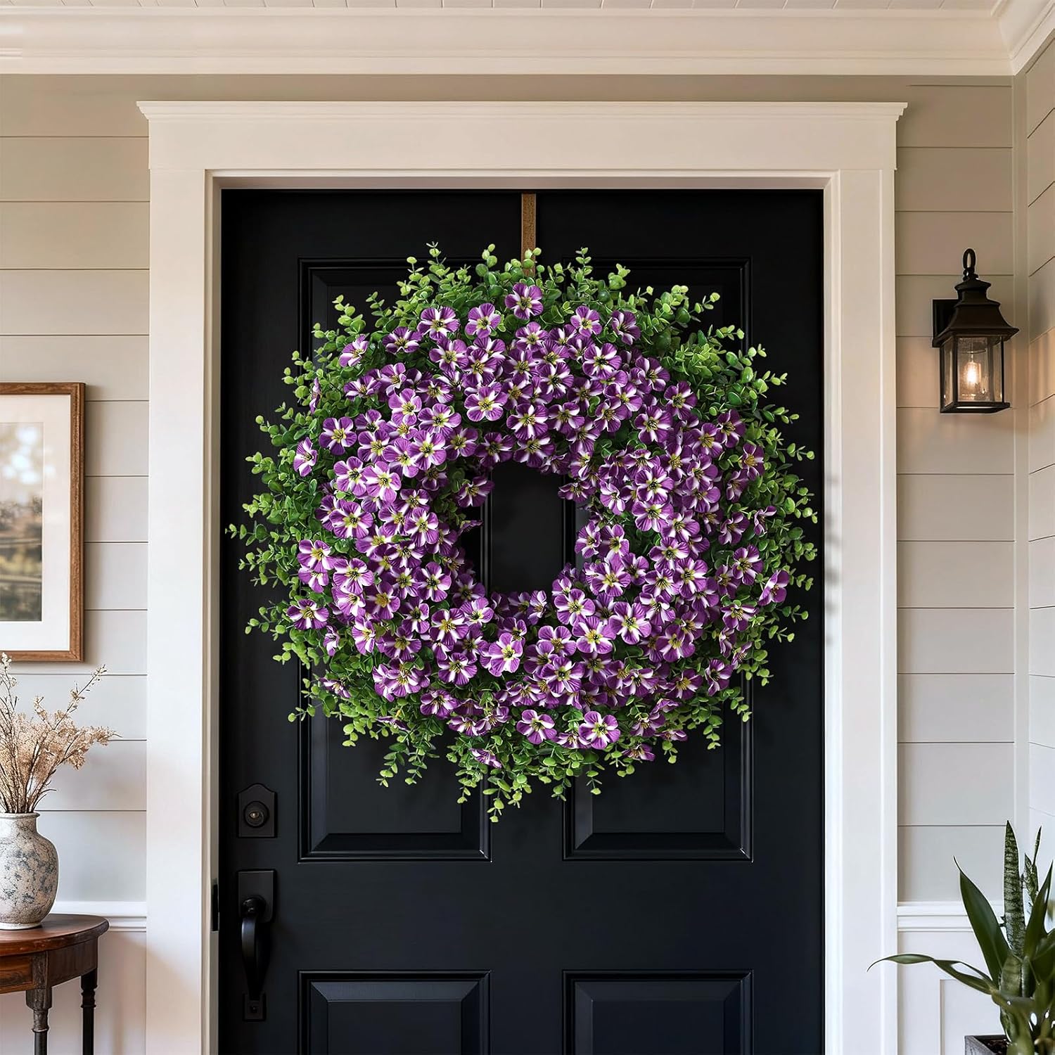 Skiennix 26" Large Artificial Eucalyptus Wreath - Realistic Faux Silk Morning Glory Flowers in Purple for Home, Farmhouse & Wedding Decor