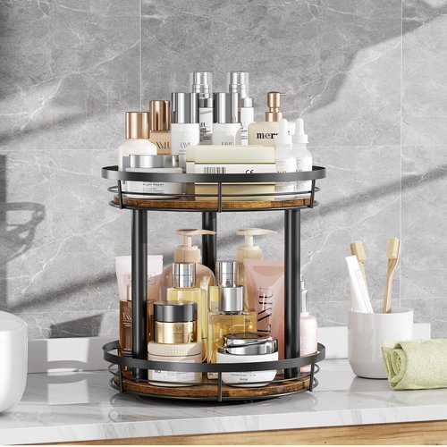 LAMU 12'' Wood Lazy Susan Spice Rack Organizer, 2 Tier Spice Organization for Cabinet, Countertop, Kitchen, Table Top, Pantry, Condiment and Seasoning Rack Organizer