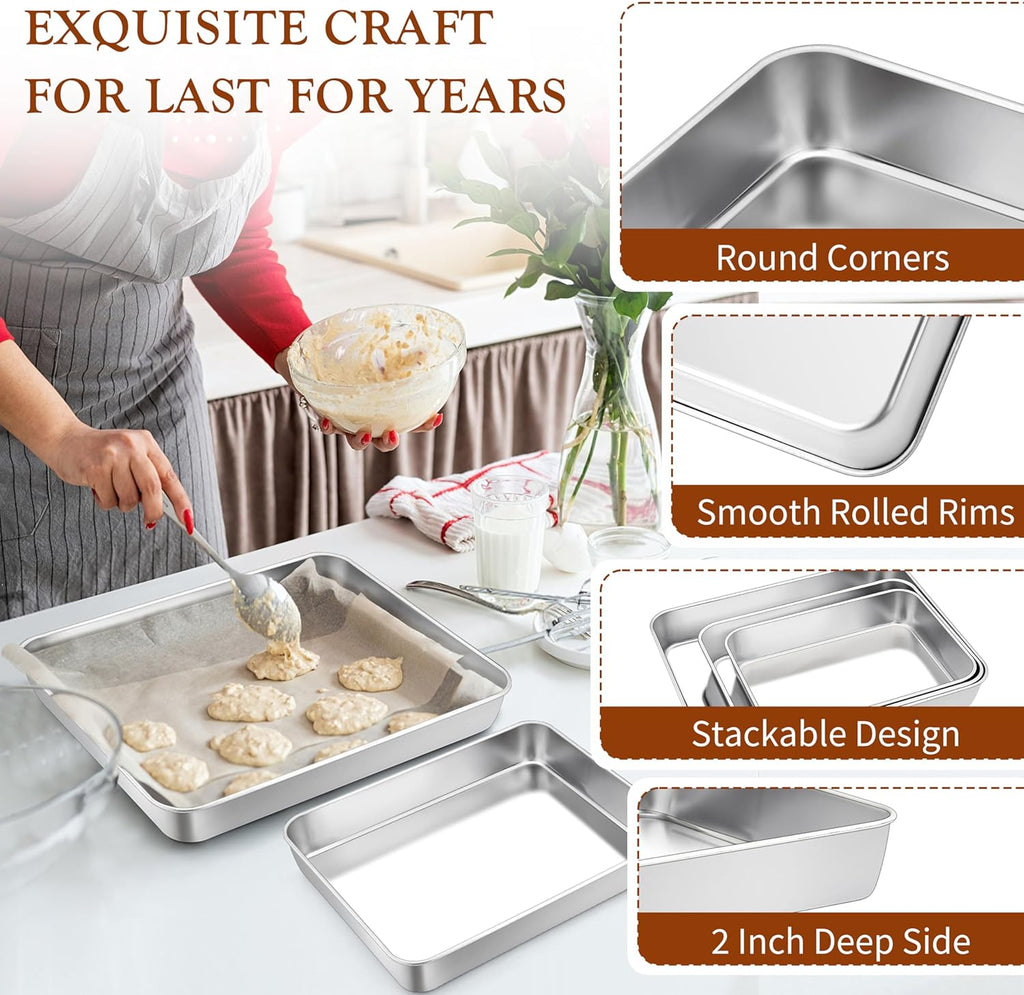 TeamFar Baking Pans Set - Stainless Steel Deep Cookie & Cake Pans | 12.5", 10.5", 9.4" Rectangle Bakeware for Healthy Home Baking