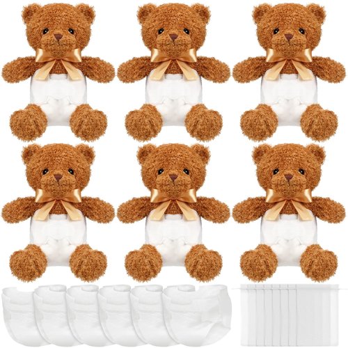 Seenelling 6 Sets Bear Blindfolded Diaper Changing Coed Baby Shower Games Kit Baby Dolls Bears Diapers for Bridal Shower Gender Reveal Games Prizes Gifts for Adults Boys Girls (Tan)