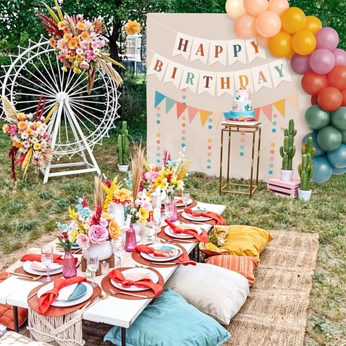 Kriyokiaa Retro Boho Happy Birthday Decorations Set with Groovy Rainbow Balloons, Happy Birthday Banner, Paper Flag, Circle Confetti Garland, Retro Birthday Party Decorations for Indoor Outdoor