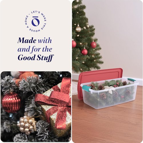 HOMZ 6-Pack Holiday Tote | Clear/Red Plastic Storage Bins with Lids - 64 Quart Stackable Organizers for Home, Garage, Office