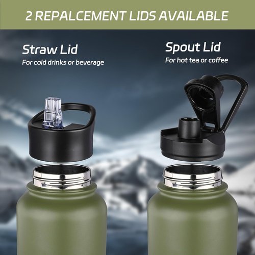 HASLE OUTFITTERS 32 oz Insulated Stainless Steel Water Bottle - Double Walled with 2 Lids (Army Green)
