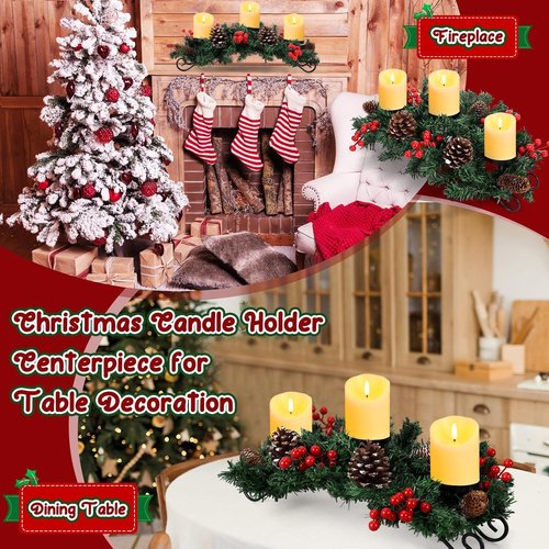 Mudder Christmas Table Centerpiece Set - 20'' Steel Base with 3 Flameless LED Candles & Red Berry Decor | Creamy White
