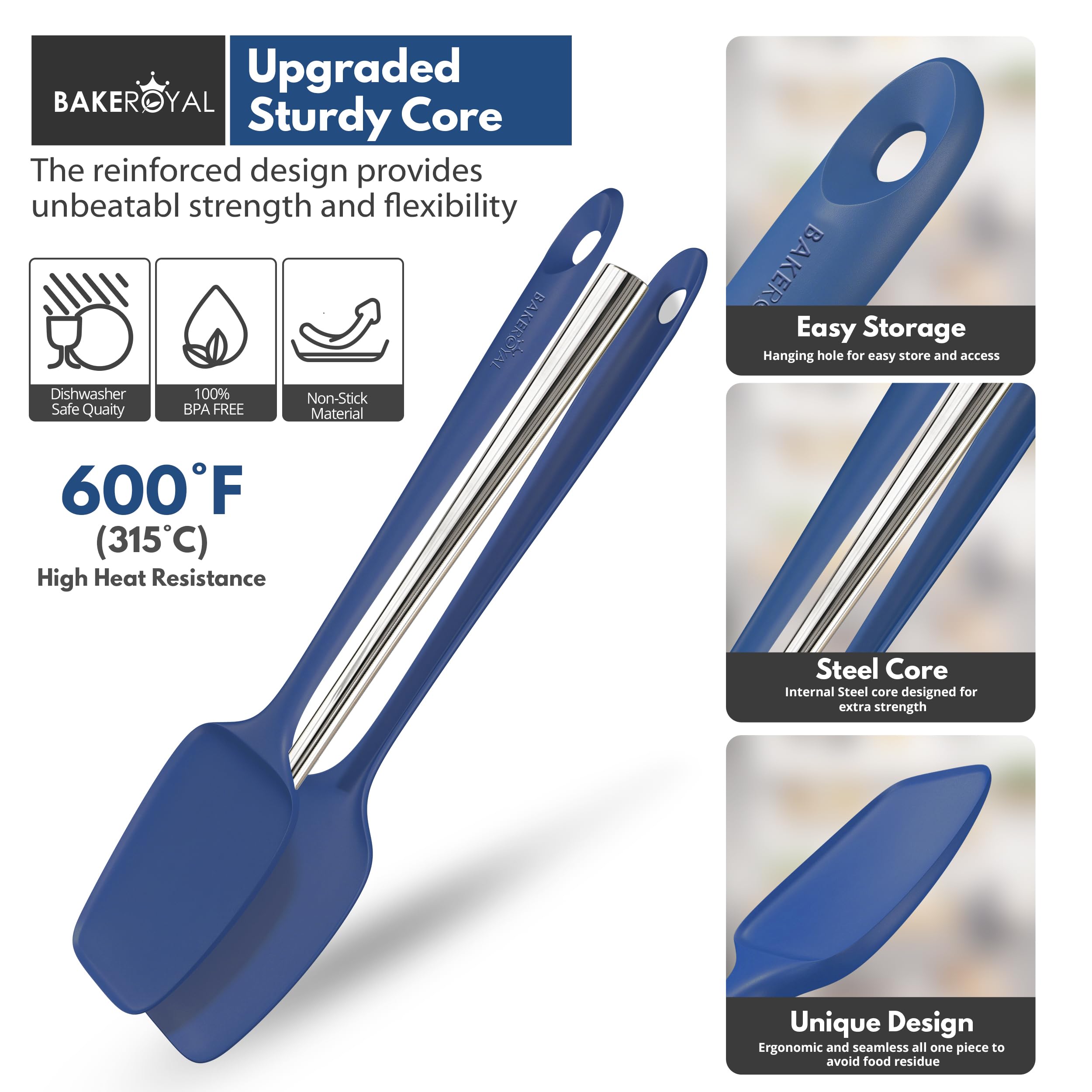 BakeRoyal Silicone Spatula Set - 4-Piece Rubber Spatulas Silicone Heat Resistant 600°F for Everyday Task - Seamless Design Kitchen Spatulas for Nonstick Cookware - Royal Blue