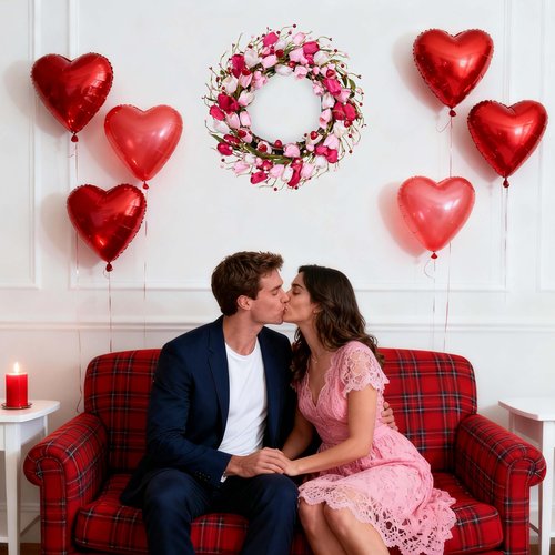 MAINGKAUNG Valentines Day Decorations 20 Inch Valentine's Day Wreath Pink Valentine Wreaths for Front Door with Red Love Heart Berries Pink Tulips Wedding Anniversary Decor