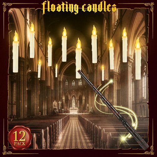 YMXHK Halloween Decorations - Floating Candles with Wand, 12 Pcs Flameless Candles with Warm Light Flickering, Witch Wizard Christmas Decor for Indoor Home Room Classroom Bedroom Birthday Party