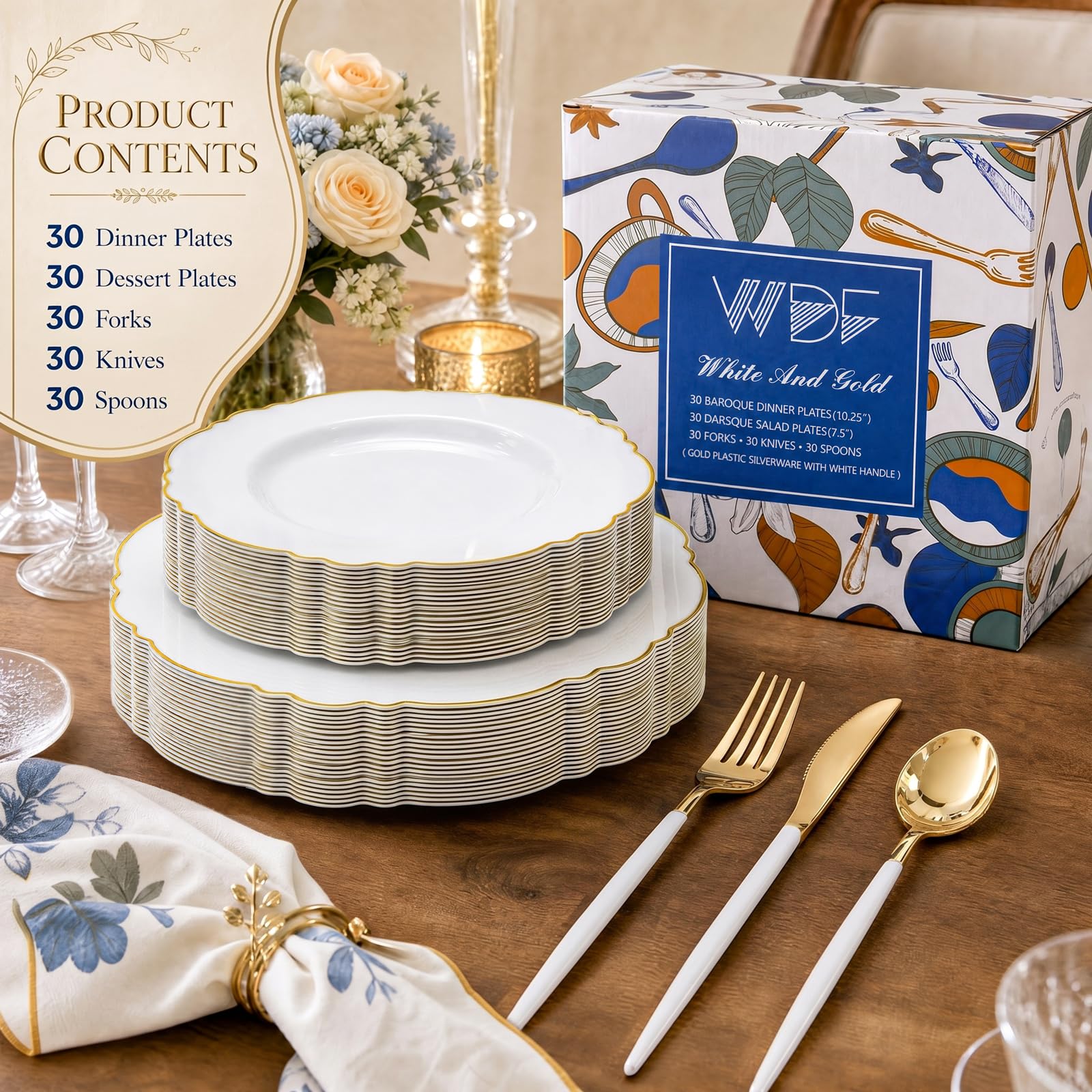 WDF 30Guest Gold Plastic Plates - High-end Baroque Design - 10.25&7.5in Wedding White and Gold Plates Disposable for Birthday/Baby Shower/Wedding/Party