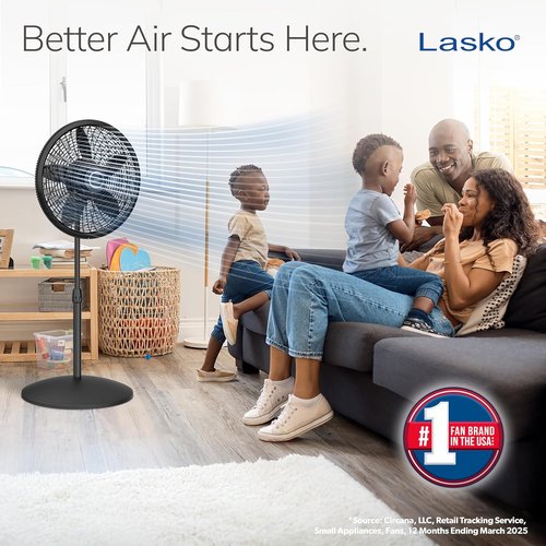 Lasko Pedestal Fan - Oscillating Bedroom Fan with Adjustable Height & 3 Cooling Speeds | 18" Black