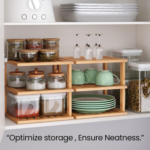 Danfoxer 2 Pack Bamboo Corner Shelf,3 Tier Kitchen Cabinet Organizer for Plates and Dishes,Pantry Storage and Spice Rack（Natural）