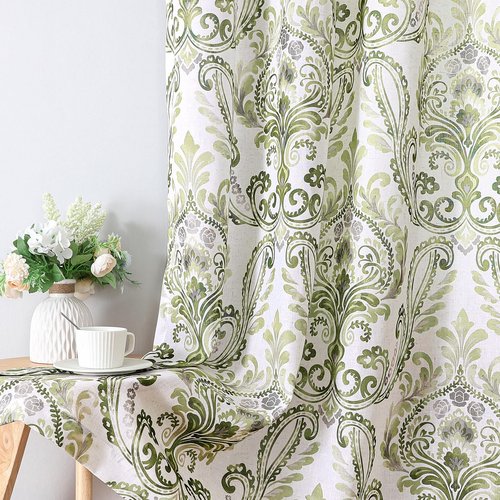 H.VERSAILTEX Green Floral Linen Sheer Curtains for Living Room, 84 inches Country Boho Style Flower Damask Patterned Printed Grommet Window Curtains for Farmhouse Bedroom, Sage Green, 2 Panels