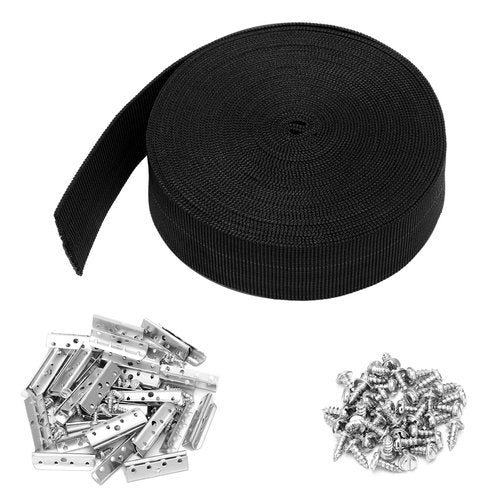 Threehoney 2 Inch Wide x 40 ft Chair Webbing Replacement Kit Upholstery Webbing Elastic Band to Repair Sagging Couch Chair Patio Furniture Metal Clips Patio Strap Repair Kit for Furniture(Black)