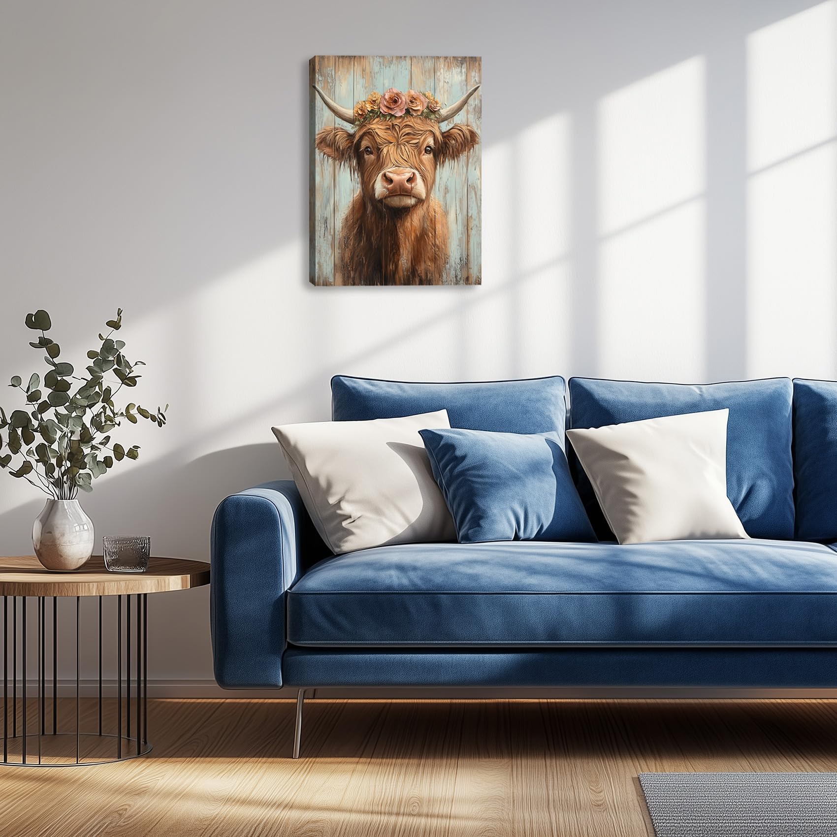 Highland Cow Canvas Wall Art for Living Room Rustic Farmhouse Picture Animal Print Painting Highland Cattle Flower Wall Decor Framed Artwork for Bedroom Office 24L x 18W